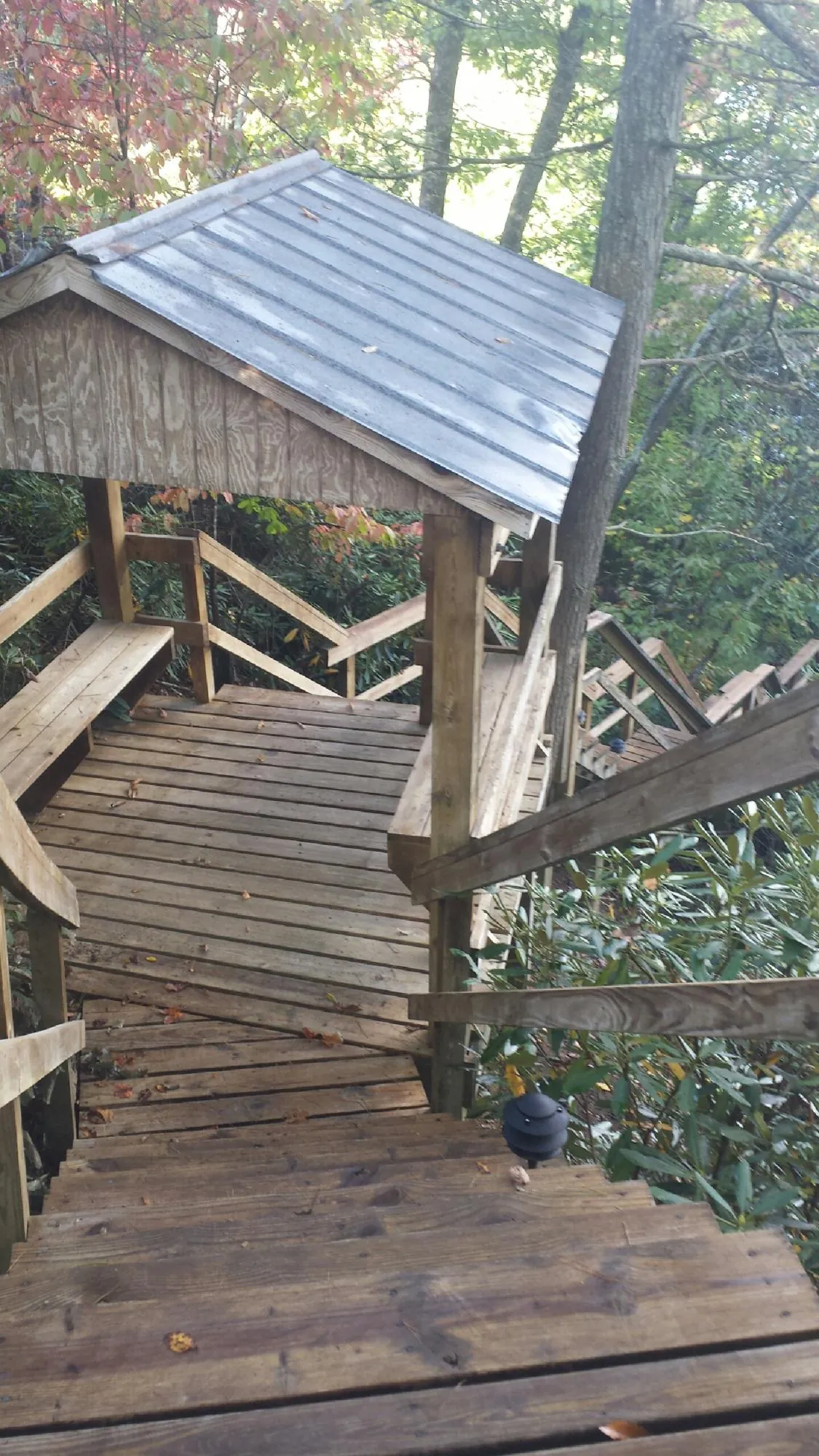 Metal roofed shelter over wooden steps on a wooded walkway — Skylight Repair & Installation work by our crew in Detroit Lakes